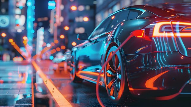Power supply connect to electric car for add charge to the battery. Charging re technology industry transport which are the future of the Automobile.