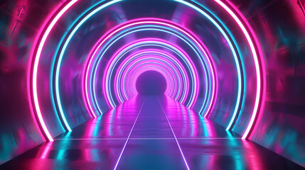 Glowing neon light lines in a space tunnel with a colorful fireworks background