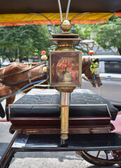 The classic traditional carriage lamp made of brass metal  close up view