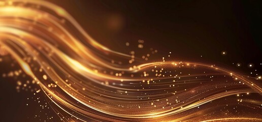 Fototapeta premium Abstract background with golden light streaks and glow lines on dark brown backdrop, luxury banner design template