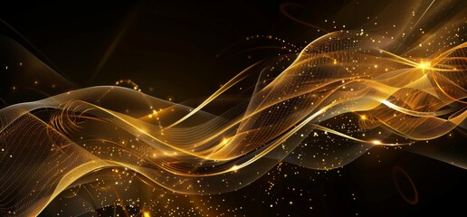Abstract background with golden lines and glowing lights on dark brown backdrop for luxury design