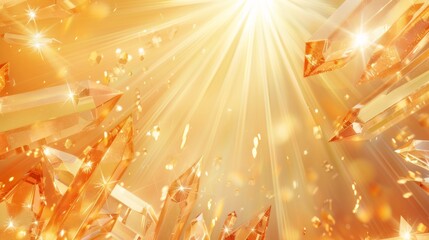 The background is light orange, with rays of sunlight shining through the translucent crystal material and emitting golden radiance in an anime style.