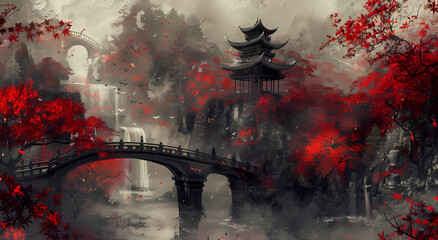 Red maple trees, Japanese-style architecture and stone bridges