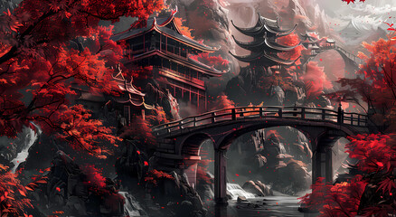 Red maple trees, Japanese-style architecture and stone bridges