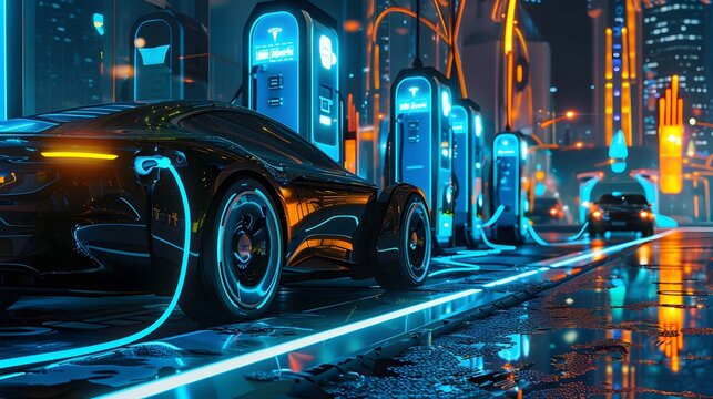 Power supply connect to electric car for add charge to the battery. Charging re technology industry transport which are the future of the Automobile.