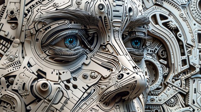 Bring a futuristic cyborg to life in a frontal view, combining intricate zentangle patterns for a mesmerizing fusion of technology and art Explore the details of mechanical elements with zentangles or