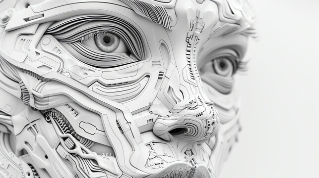 Bring a futuristic cyborg to life in a frontal view, combining intricate zentangle patterns for a mesmerizing fusion of technology and art Explore the details of mechanical elements with zentangles or