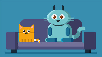 A small robotic catshaped companion sits on the couch next to its furry friend purring and rubbing against them.. Vector illustration