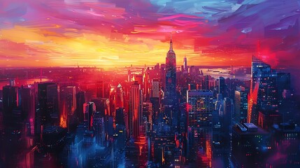 Obraz premium Capture a dynamic cityscape at dusk, utilizing acrylics to enhance the bold contrast of skyscrapers against the colorful sunset Showcase the vibrancy and movement of a bustling urban scene
