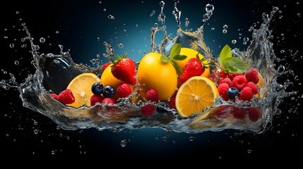 Fresh summer fruits on splashing water - fresh and lively, oranges, bananas, watermelons, lingi, pineapple, with creativity and a sense of the beauty of nature.