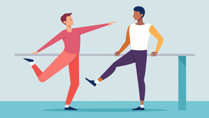 A man wearing sweats and a determined expression follows the instructors careful demonstration of the first plié at the barre.. Vector illustration