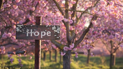 A weathered Hope sign standing amidst a field of blooming sunflowers, symbolizing the enduring...