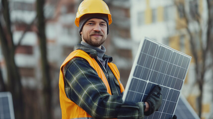 Obraz premium an engineer holding a solar panel, electrical worker working with solar panels 