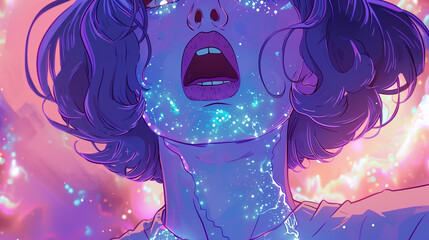 A close-up captures an animated woman's face with her mouth open, floating in space. She is adorned in white sheets, while the sky above features blue, pink, and purple galaxy colors reminiscent of 90
