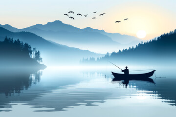 A man is fishing in a lake with a beautiful blue sky in the background