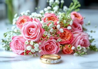 A bouquet of pink roses with white flowers and a gold ring on top