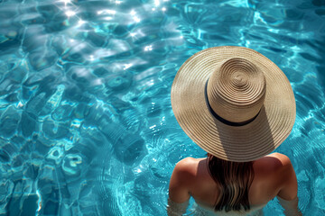 A woman in a straw hat is sitting in a pool