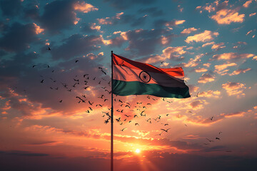Indian flag and birds soaring high in the sky, perfect for India's independence day or republic day celebrations.