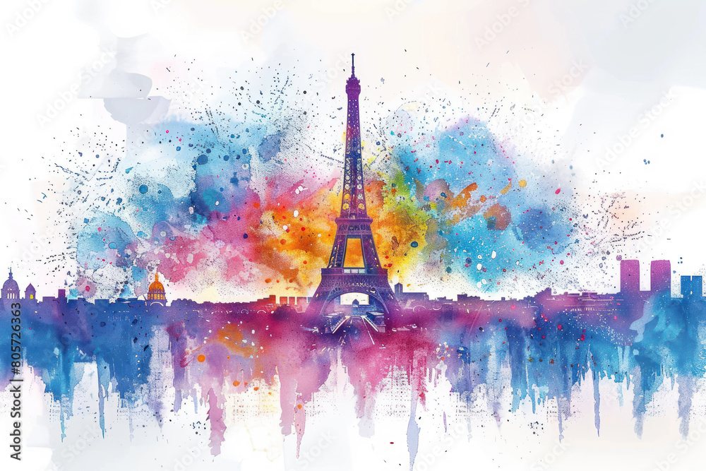 Wall mural Colorful watercolor paint of Paris cityscape with the Eiffel Tower