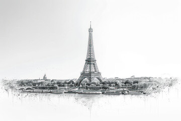 Pencil sketch illustration of Paris cityscape with the Eiffel Tower