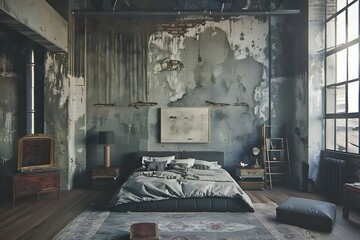 Modern industrial style bedroom interior with concrete walls