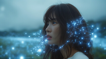 Young Asian Woman Surrounded by Glowing Lights
