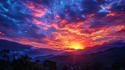 Divine radiance in Shangri La: A magical sunrise painting the sky with vibrant colors.