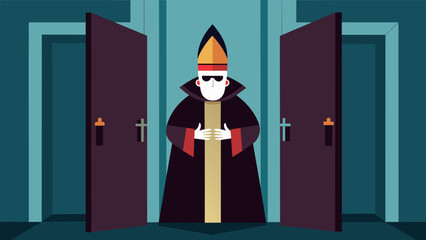 The bishop hidden behind closed doors represents backroom deals and secretive alliances used to gain power..