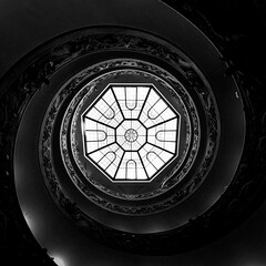 Scala Elicoidale Momo
Spiral staircase inside the Vatican Museum. People use these stairs to go outside after visiting the museum. Photo from bottom to top. 
[jpg][black and white]