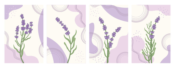 Set of trendy botanical wall art with lavender. Concept template for greeting cards, banner, social media design, invitations, covers, wall art. 