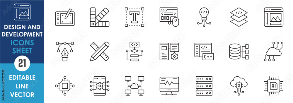 Poster Design and Development related icons set. Linear icon sheet with graphic designing and web development icons.