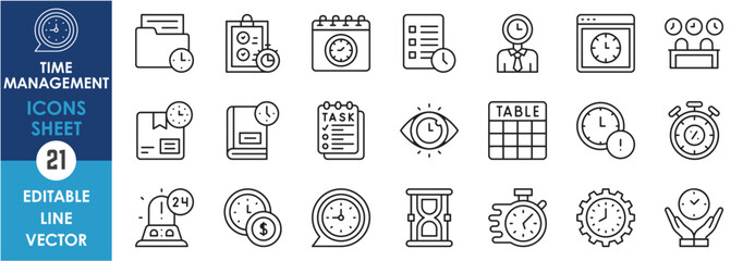 Outline icons sheet related to time management and scheduling. Line icons set related to time. Time table, stopwatch, routine, time table, setting and so on.