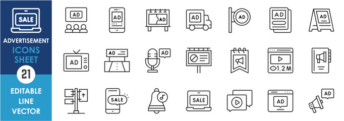 A set of outline icons related to advertisement. Line icons of advertising. Video, Billboard, websites, announcement icons.