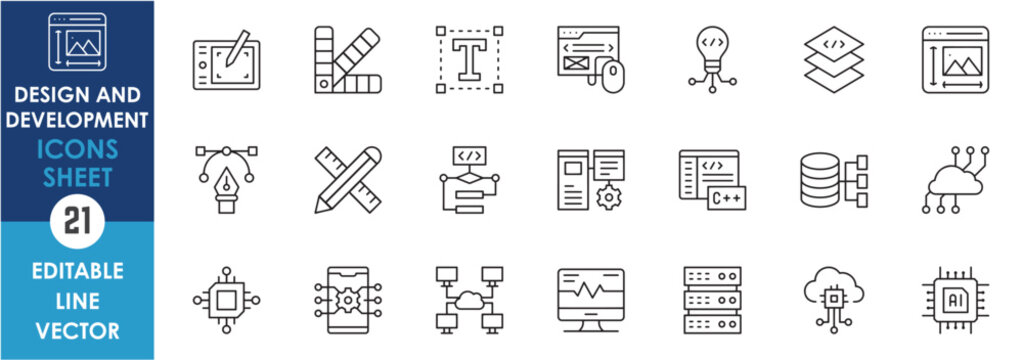 Design and Development related icons set. Linear icon sheet with graphic designing and web development icons.
