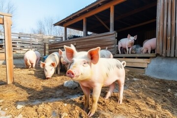 Funny fat pigs herd waits for feeding in modern farm stall for meat and lard producing