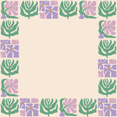 Colorful retro style square frame featuring lavender flowers. Vintage style hippie clipart element design collection. Hand drawn nature collage, summer blank template with flowers.