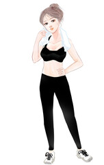 Fototapeta premium トレーニング後に汗を拭く理想的なモデル体型の美女イラスト