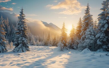 Beautiful Alpine landscape in winter. Fantastic cold morning in the forest. snow covered pine trees under the warm sunlight. Very beautiful mountain plateau