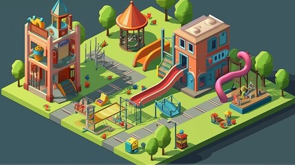 Isometric 3D City Vector Illustration with Children's Playground.