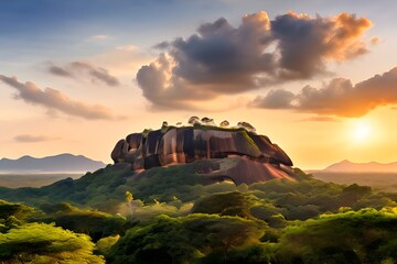 Panoramic view of the famous ancient stone fortress Sigiriya (Lion Rock) on the island of Sri Lanka, which is a UNESCO World Heritage Site.
