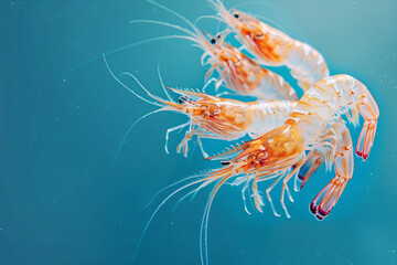 A close-up of a group, fresh shrimp isolated on a bluewater background