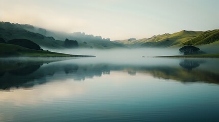 Fototapeta premium Morning Mist Rising Over Tranquil Lake Nestled in Rolling Hills