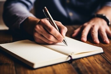 Man writes on empty notebook page with pen sitting at wooden table in room closeup - Powered by Adobe