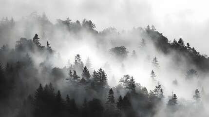 Dense Fog Engulfs Tranquil Forest in the Stillness of Early Autumn Morning
