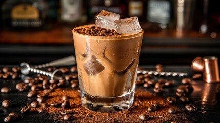 cocktail drink with coffee and cocoa liquor, irish cream, ground coffee and ice in glass, dark bar counter background