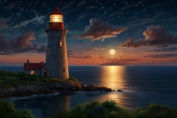 lighthouse on the island in the night Tranquil Night: Lighthouse Illumination