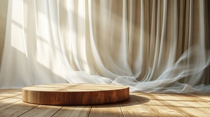 Empty modern round wooden podium side table in soft white blowing drapery curtain drapes in sunlight