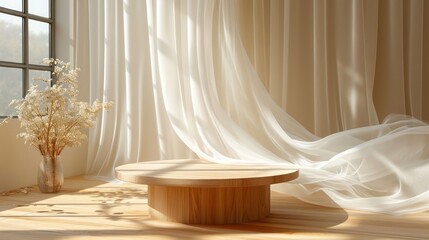 Empty modern round wooden podium side table in soft white blowing drapery curtain drapes in sunlight