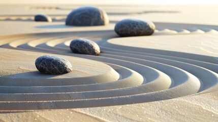 A minimalist zen garden with raked sand patterns and strategically placed stones, invoking calm and focus