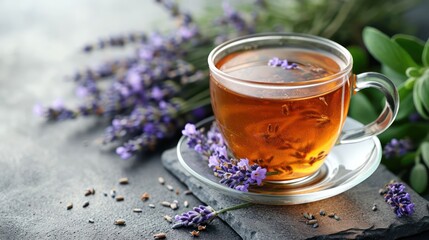 Fresh delicious tea with lavender and lavender flowers on gray stone table
